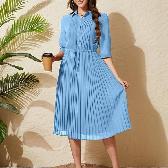 Chic Long Sleeve Blue Pleated Dress - Picture 6 of 9